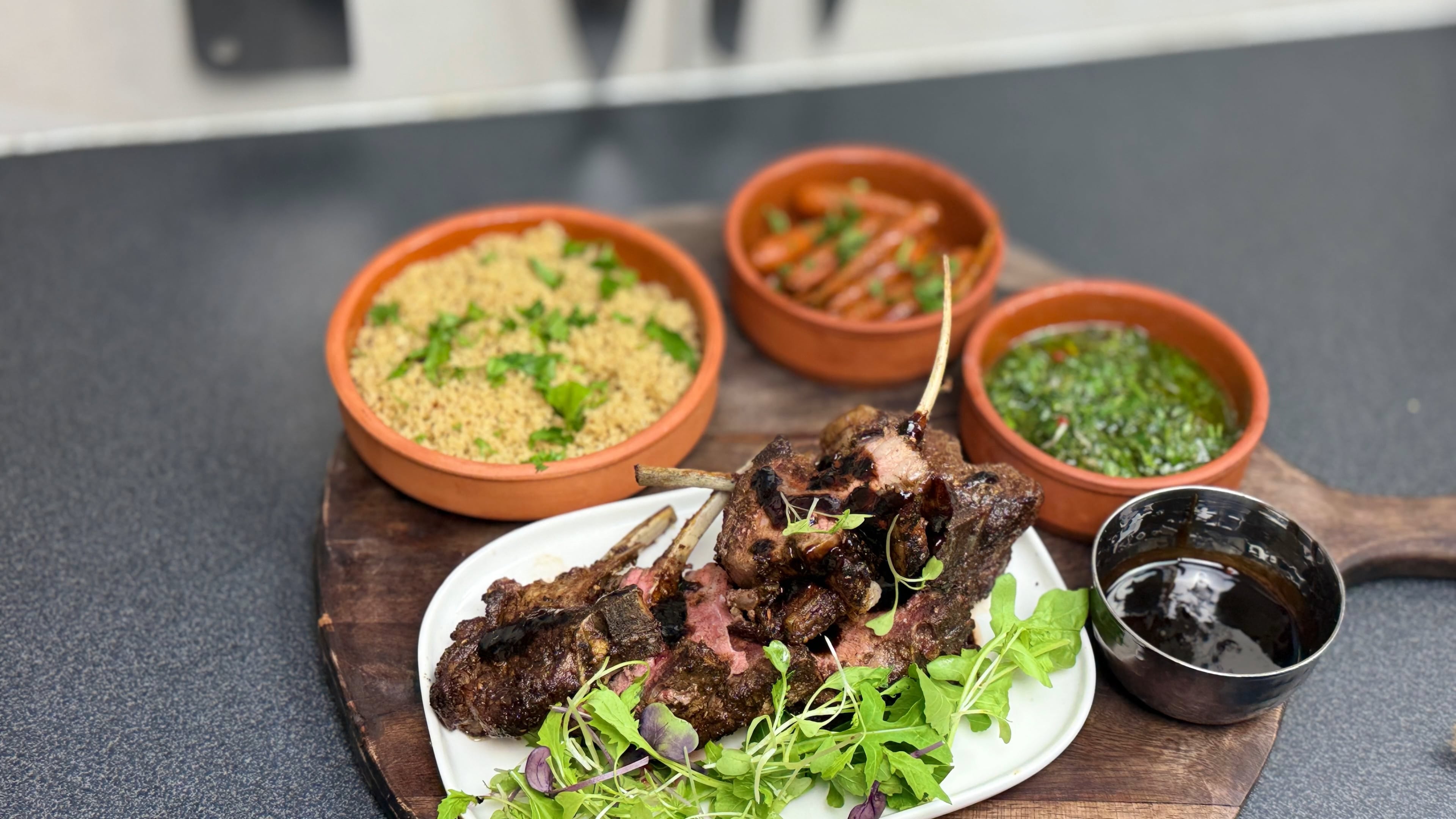 SPICED RACK OF LAMB WITH DATE & TAMARIND SAUCE & MINT CHIMICHURRI